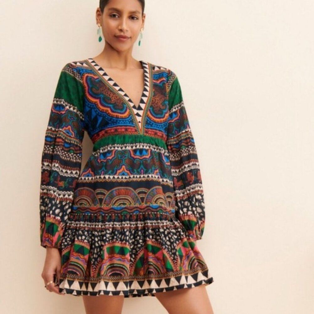 Anthropologie FARM Rio tribal tiger print Multicolor V-Neck Tunic Mini Dress XS